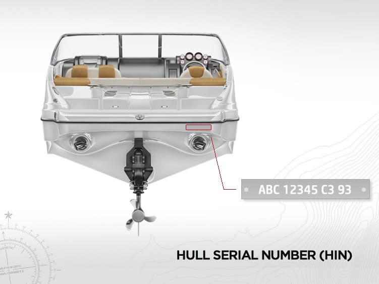 Hull serial number (HIN) displayed on a boat.