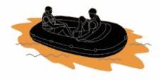 A boat with orange die around it as a distress signal.