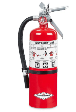 Red fire extinguisher for emergency use when boating. 