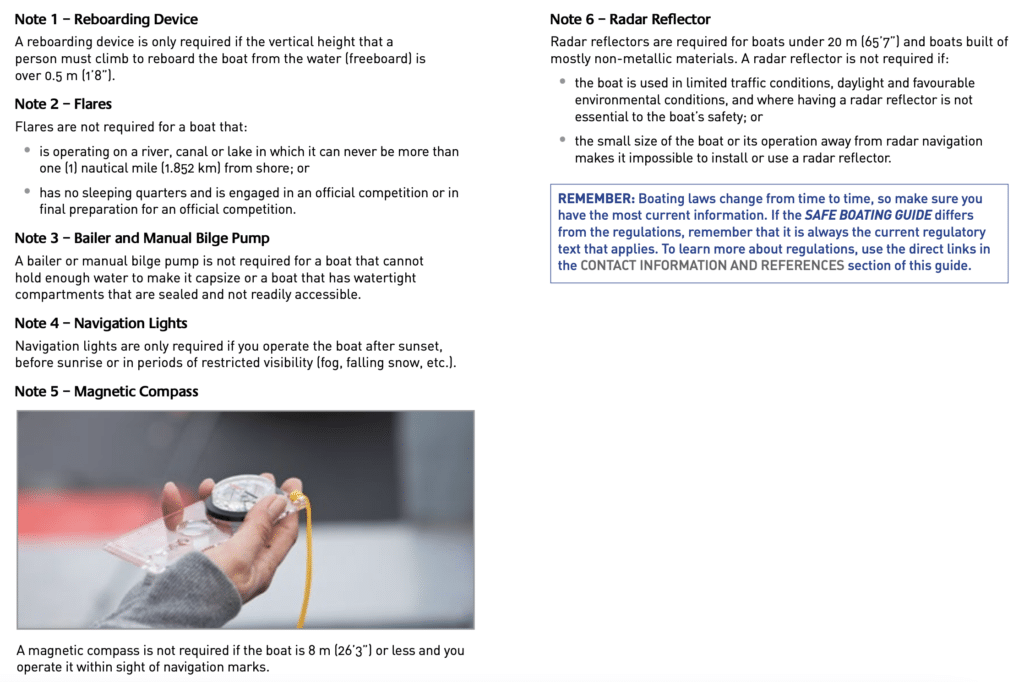 Notes - Safety Equipment - Transport Canada Safe Boating Guide
